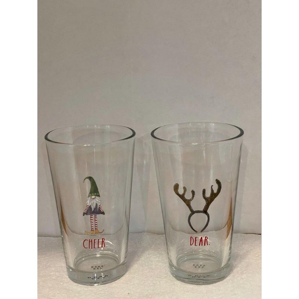 A Pair of Rae Dunn 16oz Glasses - Christmas Dear & Gnome Cheer
